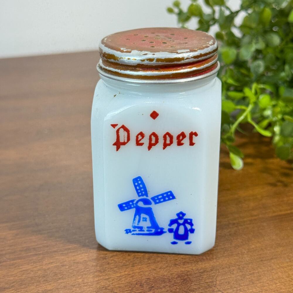 Vintage Hazel Atlas Milk Glass Pepper Shaker w/ Lid Spices USA Windmill